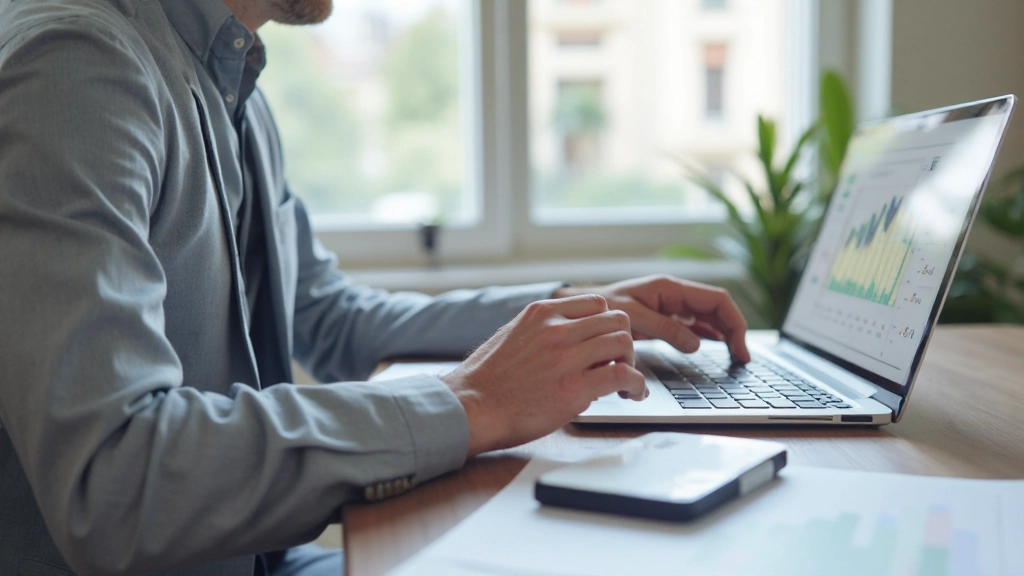 Profissional analisando gráficos financeiros em notebook moderno com documentos organizados