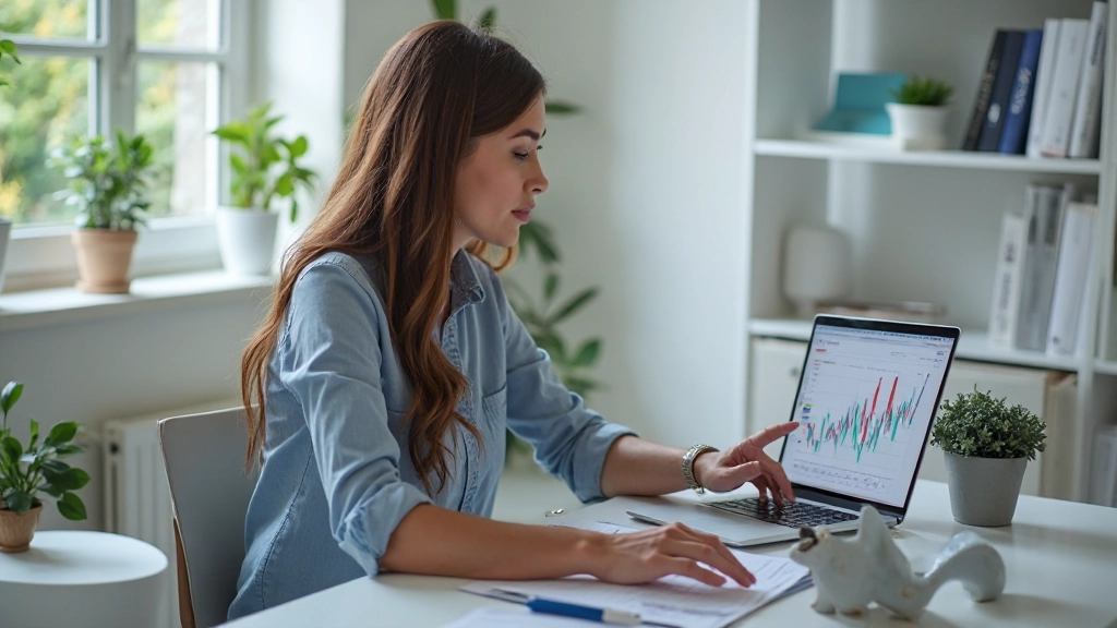 Mulher analisando gráfico financeiro em notebook moderno com documentos